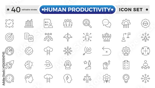 Human Productivity outline icon set productivity and efficiency. Linear business and leader symbols efficiency, task, focus, multitasking, workflow, growth, and routine. Editable stroke outline icon.