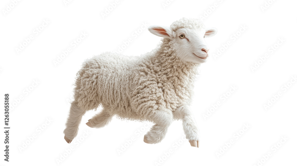 Fototapeta premium Playful Lamb in Motion: A fluffy, young lamb skips joyfully, showcasing its energy and innocence.
