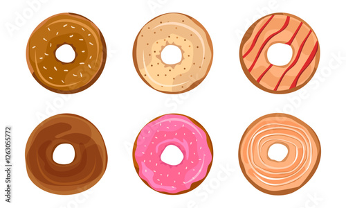 Doughnuts with different glazes and sprinkles. Sweet pastries, dessert, confectionery Vector illustration donut icon on white background