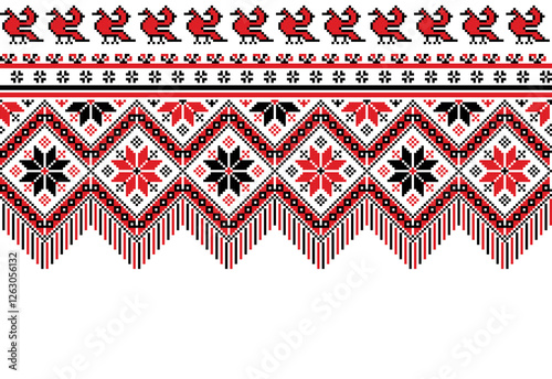 Pixel art, Fabric, Oriental seamless pattern, Ethnic ornaments, Geometric ornaments
Seamless vector pattern, Border decoration, Blanket, Carpet, Wall hanging, Headscarf, Shawl
