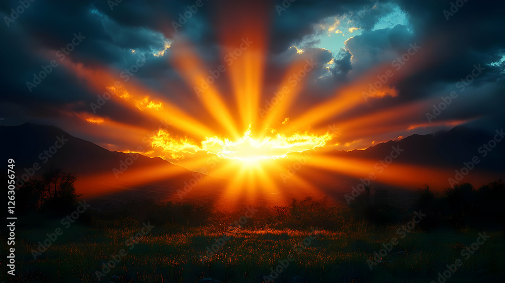Obraz premium Radiant Sunset Over Hills And Field