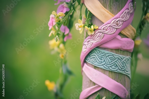 Maypole wrapped in pastel ribbons with intricate Celtic patterns and fresh flowers, symbolizing a traditional spring festival, against a blurred green background