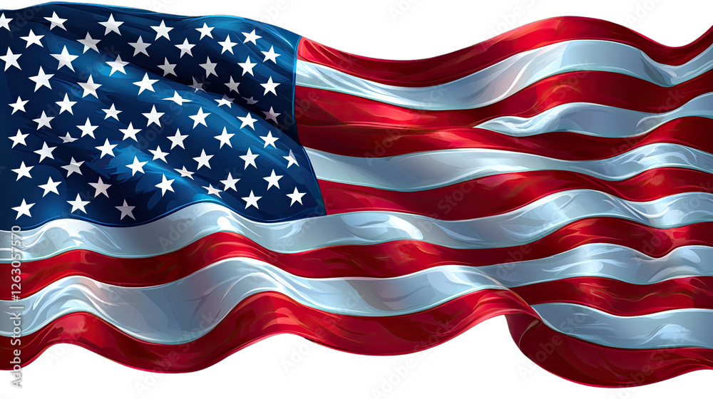 Obraz premium The Stars and Stripes: The iconic American flag waves proudly, its stars and stripes billowing in a gentle breeze, representing freedom, patriotism, and national identity.