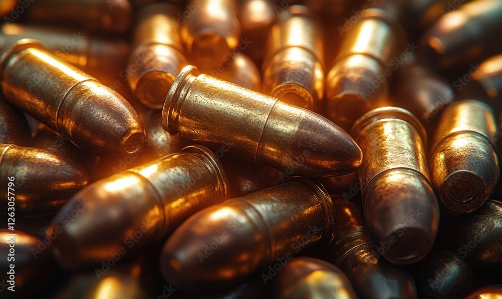 Close-up of Metallic Bullets in Hyper-realistic Style with Dramatic Lighting Close-up of Metallic Bullets in Hyper-realistic Style with Dramatic Lighting