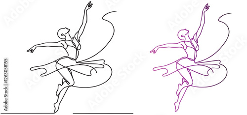 Dancing girl in continuous line art drawing style. Dancer black line sketch on white background. Vector