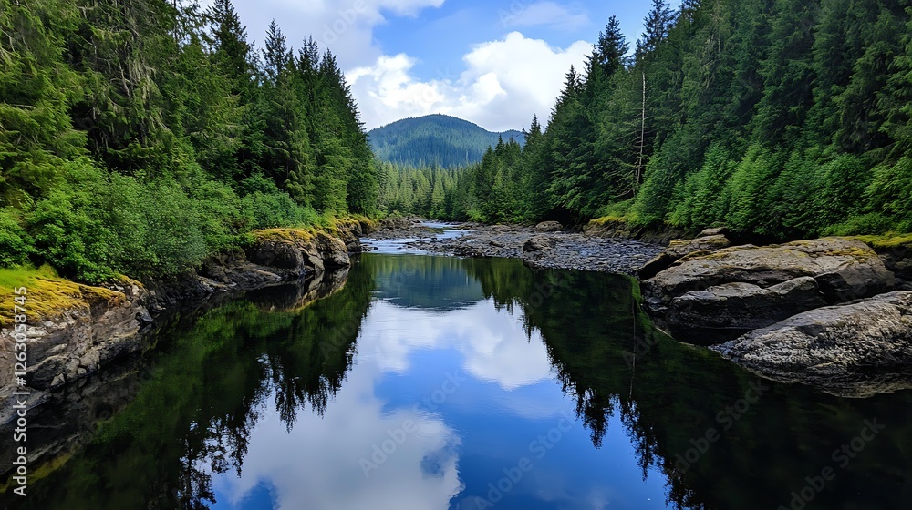Serene River Reflection in a Coastal Rainforest AI Generated Serene River Reflection in a Coastal Rainforest AI Generated