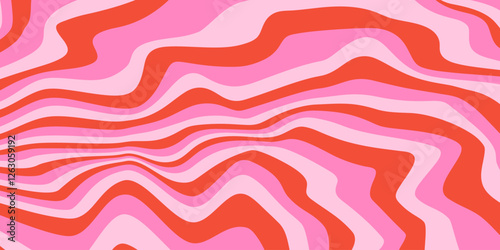 Abstract horizontal background with dynamic waves. Trendy vector illustration in style retro 60s, 70s. Pink and red colors