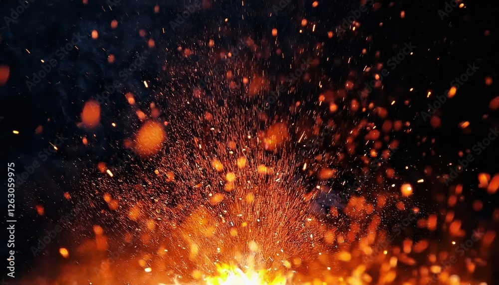 Fototapeta premium fiery explosion with glowing embers and sparks flying in the dark, intense burning fire with orange hot particles background