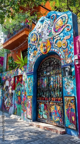 Colorful Street Art and Gate in Vibrant Urban Setting