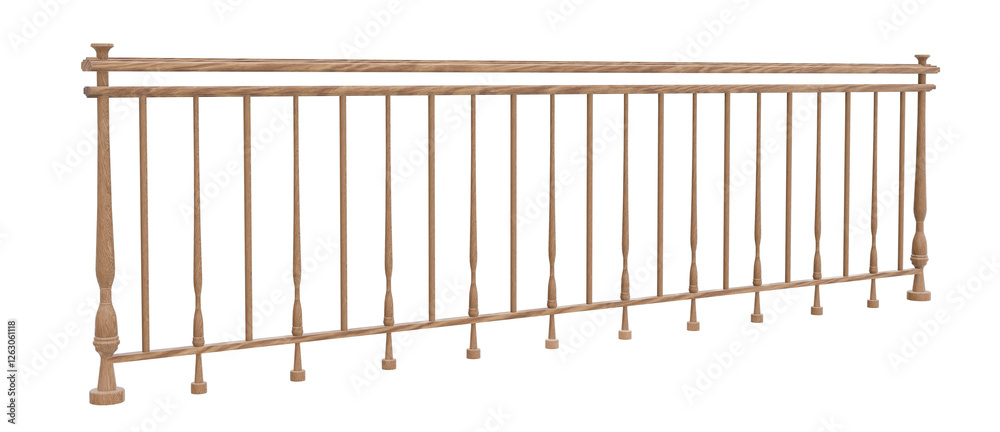 Classic 3D railing design. Rendered in warm wood tones with symmetrical balusters. Ideal for architectural visualization, interior design projects, or construction-related graphics. Classic 3D railing design. Rendered in warm wood tones with symmetrical balusters. Ideal for architectural visualization, interior design projects, or construction-related graphics.