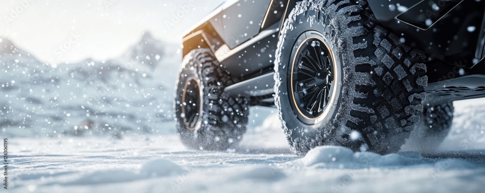 Naklejka premium Powerful SUV conquering snowy mountain pass. Adventure and freedom in winter wonderland.