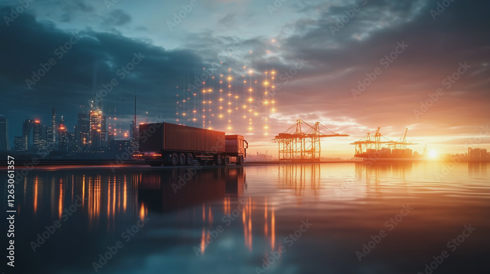 Container truck in ship port for business Logistics and transportation of Container Cargo ship and Cargo plane with working crane bridge in shipyard at sunrise, logistic import export and transport Container truck in ship port for business Logistics and transportation of Container Cargo ship and Cargo plane with working crane bridge in shipyard at sunrise, logistic import export and transport