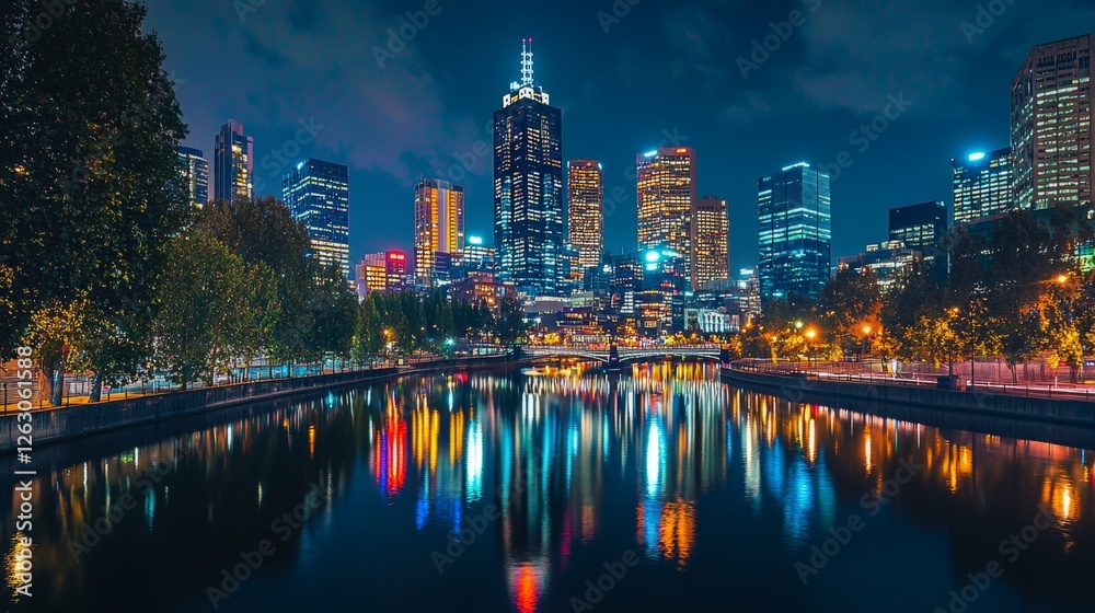 Obraz premium Nighttime Cityscape of Melbourne with River Reflections and Lights