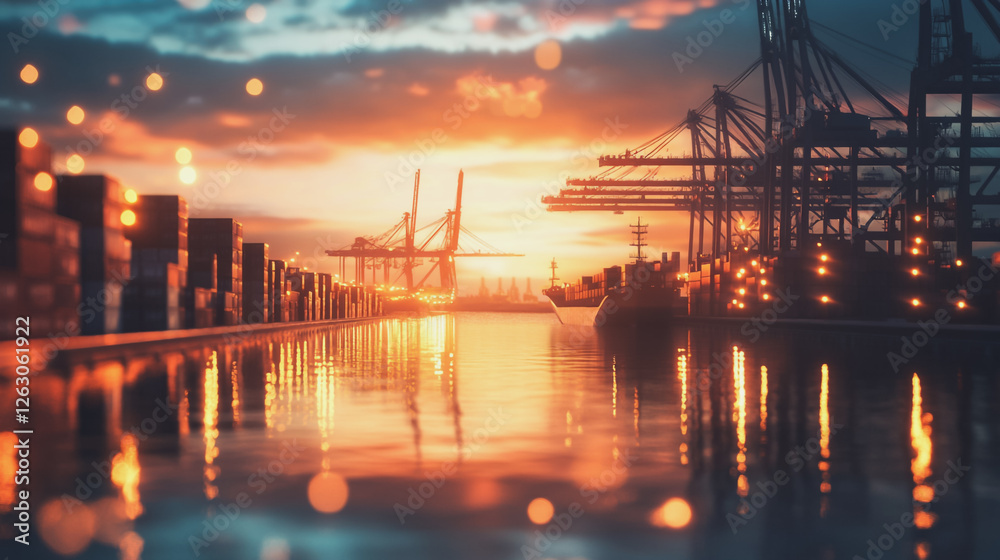 Fototapeta premium Container truck in ship port for business Logistics and transportation of Container Cargo ship and Cargo plane with working crane bridge in shipyard at sunrise, logistic import export and transport