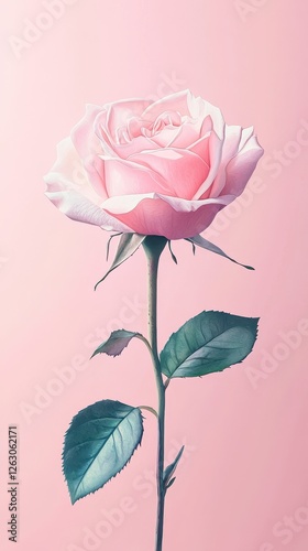 Elegant soft pink rose with stem on light pink background