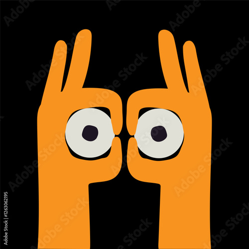 Hands make binoculars and eyes look through them. Search engine or research or looking for concept. Trendy hand drawn vector cartoon element for web or banner design. Vector illustration