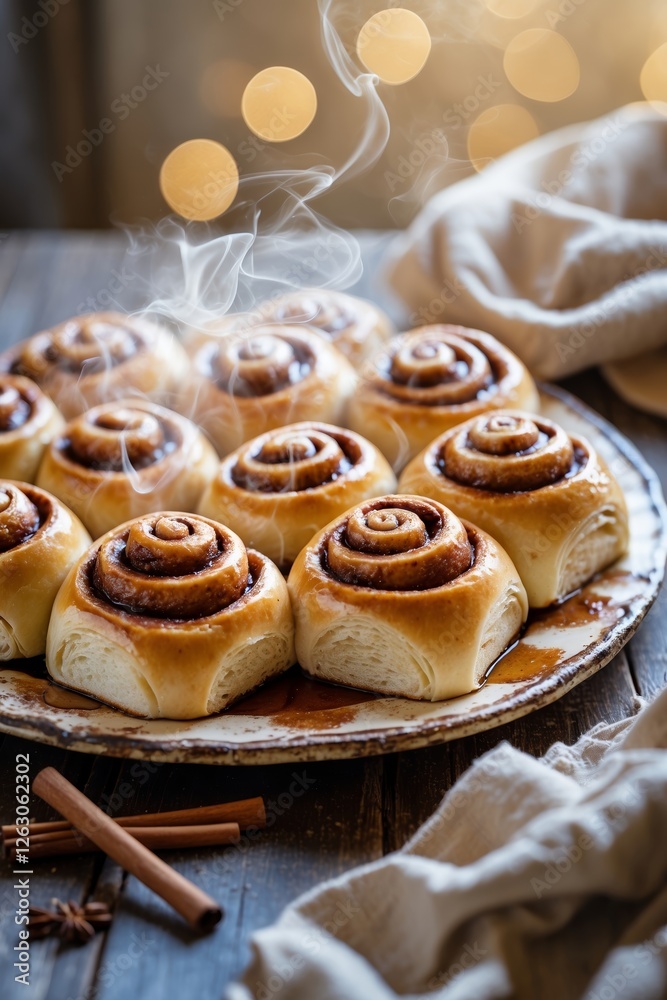 Warm cinnamon rolls on a plate with steam rising, set against a softly lit background Warm cinnamon rolls on a plate with steam rising, set against a softly lit background