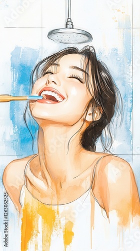 Joyful Woman Brushing Teeth in Shower Watercolor Illustration