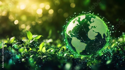 Green Earth globe with network connections in lush foliage.