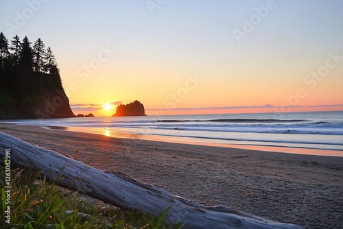 Sunset on the Pacific Coast beach, showing a log and headland in background