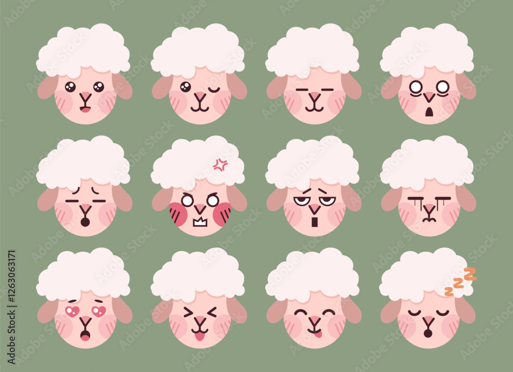 Cute sheep character manga emoji set. Sheep animal cartoon mascot emoji icons. Vector illustration Cute sheep character manga emoji set. Sheep animal cartoon mascot emoji icons. Vector illustration