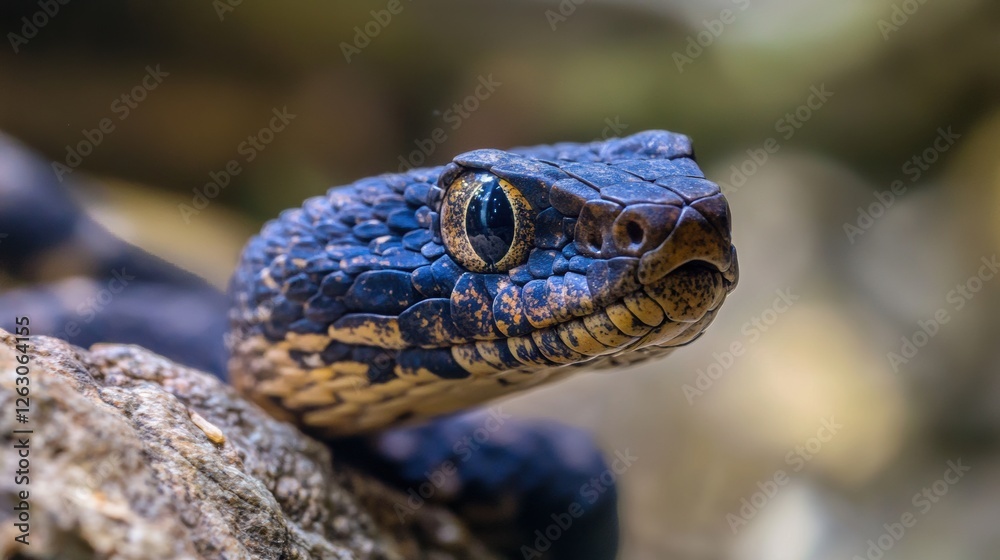 Obraz premium Close-up view of a striking blue and gold snake in its habitat
