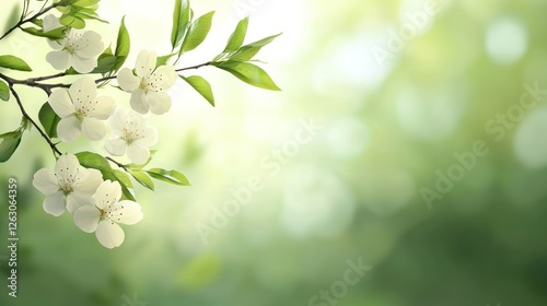 A serene close-up of delicate white flowers surrounded by lush green leaves, capturing the essence of spring and the beauty of nature in a soft, dreamy background.