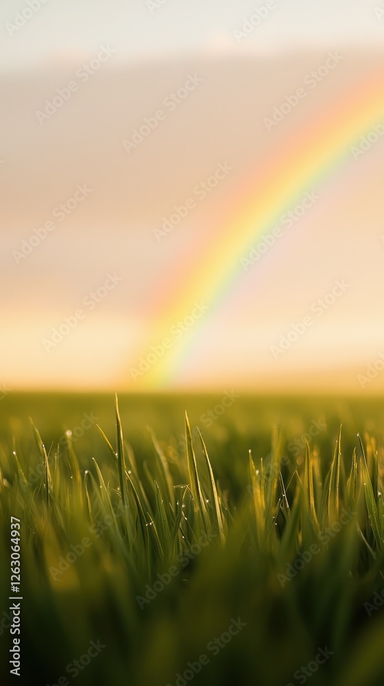 Naklejka premium A tranquil landscape featuring vibrant green grass and a stunning rainbow arching across a gentle sky, evoking feelings of peace and natural beauty in a serene outdoor setting.