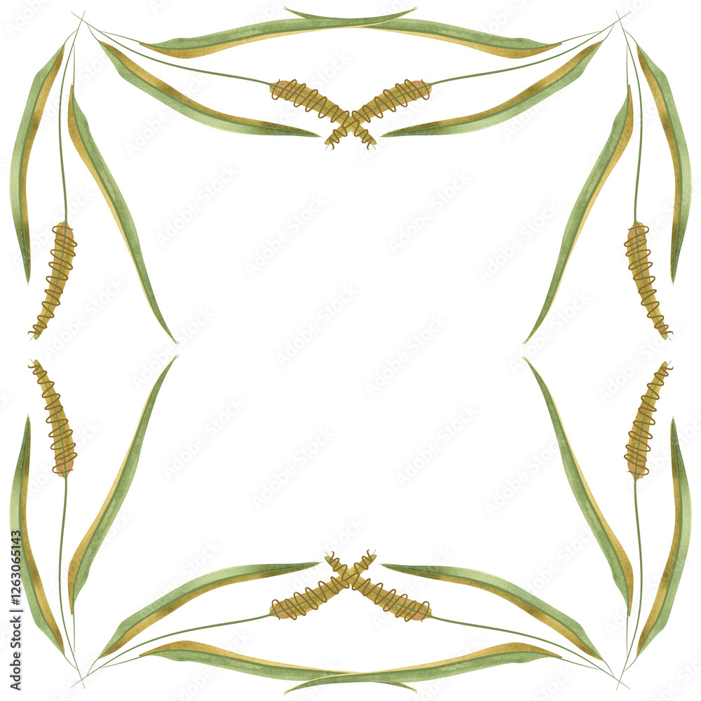 Square frame of field grasses, cereals, ears and leaves. Decor for graphic design, printing and packaging. Isolated hand-drawn watercolor illustration.