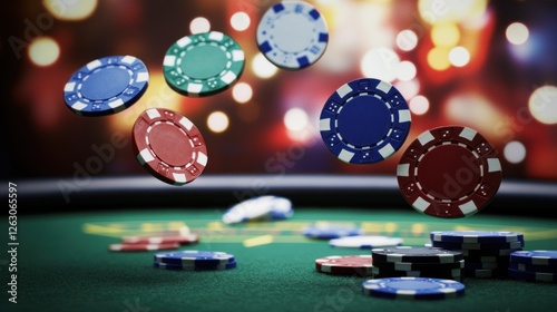 Casino chips falling, table game, bokeh background, gambling photo