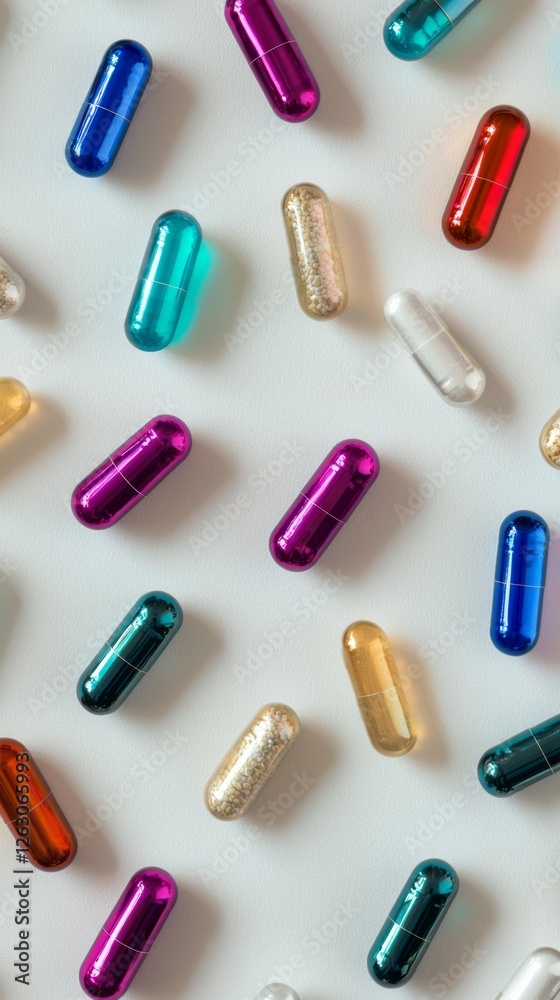 Colorful Capsules and Pills on a Light Background for Health Themes Colorful Capsules and Pills on a Light Background for Health Themes