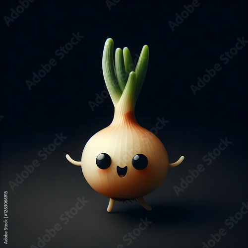 An anthropomorphic onion character with a cute, happy expression, standing on a dark background. The onion has large, shiny eyes, small arms, and vibrant green sprouts.