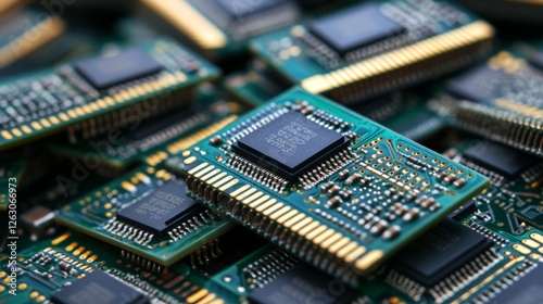 Circuit Board Array. Technology, Data, Computer Components And Microchips In An Macro View. Electronic Backdrop. photo