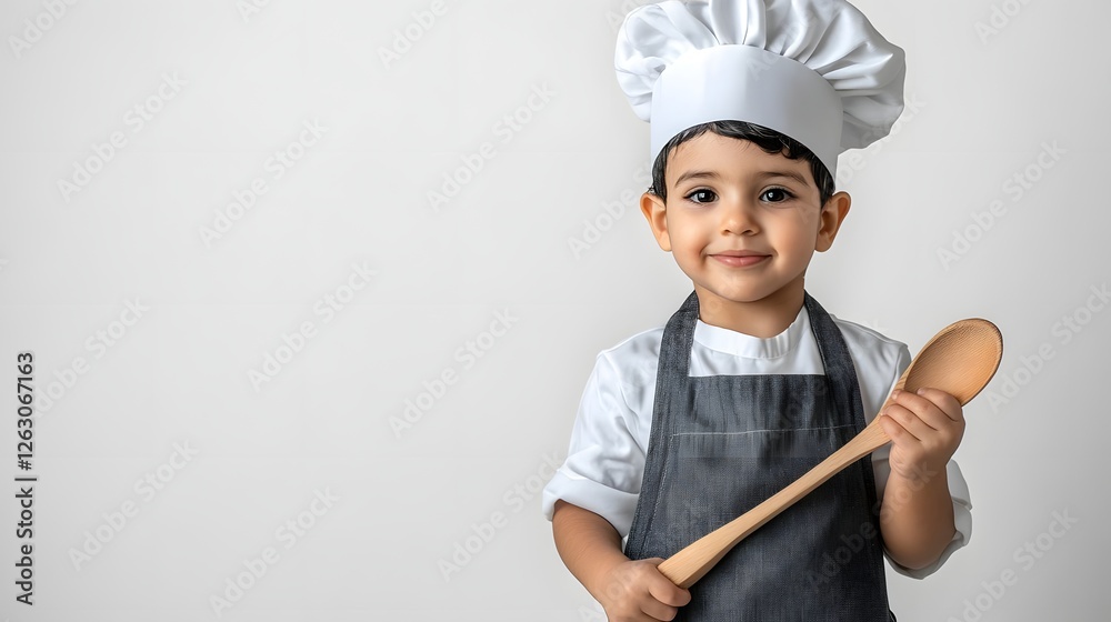 Young child dressed as a chef holding a wooden spoon, smiling against a plain background Young child dressed as a chef holding a wooden spoon, smiling against a plain background
