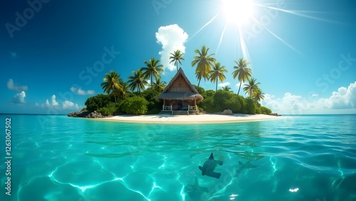 Island huts, beaches, summer, blue lagoons, crystal clear waters, palm trees, sunshine surround this tropical island that is a hotbed for sea turtles. photo