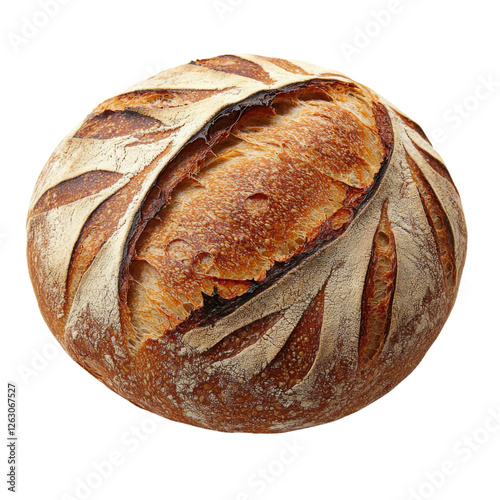 Freshly baked round sourdough bread with crispy crust and intricate scoring patterns, showcasing its artisanal quality and inviting aroma