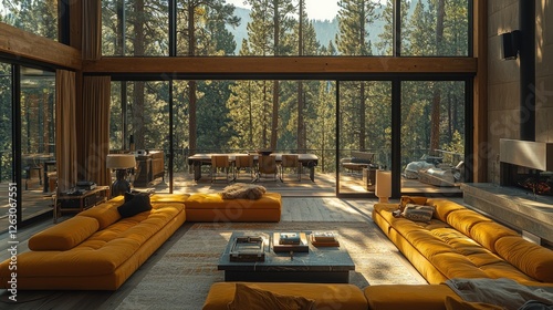 Modern Mountain Home Living Room With Forest View
