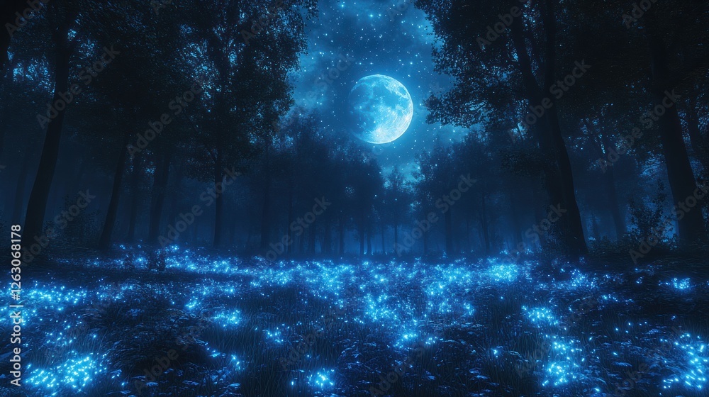 Moonlit Forest with Glowing Flora Underneath a Night Sky Moonlit Forest with Glowing Flora Underneath a Night Sky