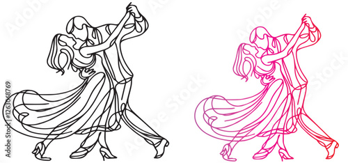 Salsa dance vector. Set of elegant couple dancing salsa. Retro style. Outline silhouettes of people dancing salsa and musicians playing Latin vector