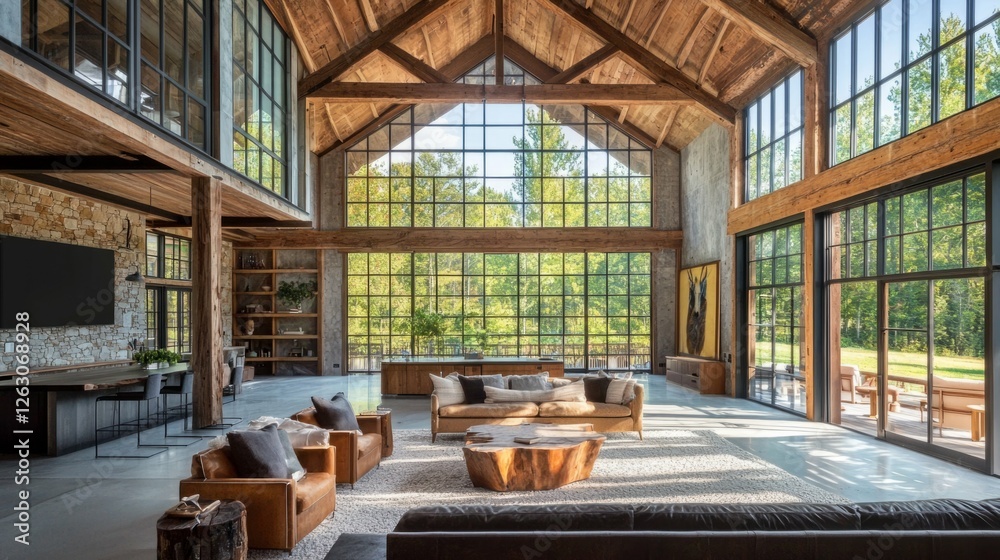 Spacious modern living room with large windows and wooden accents Spacious modern living room with large windows and wooden accents
