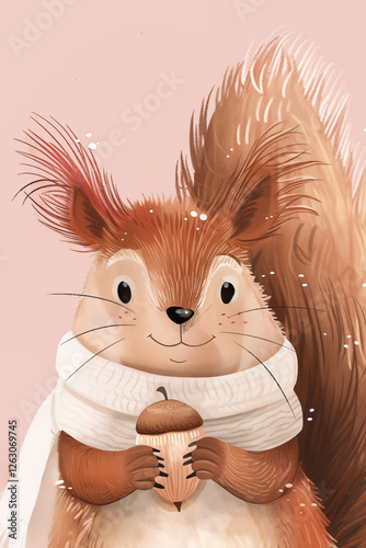 Portrait of a cute squirrel wearing knitted scarf. Good for nursery decorations, greeting cards. Ai generated