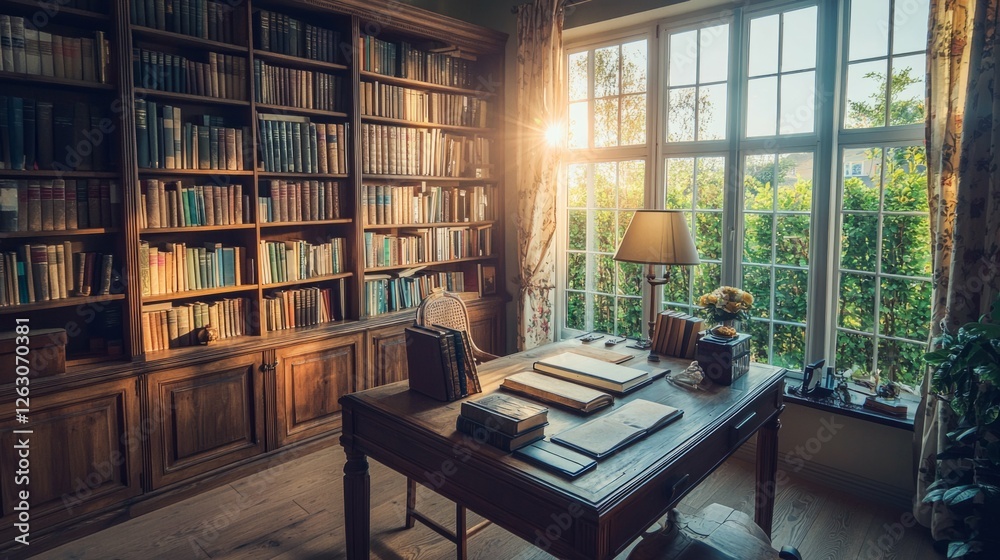 Cozy Home Library with Sunlight Streaming Through the Windows Cozy Home Library with Sunlight Streaming Through the Windows