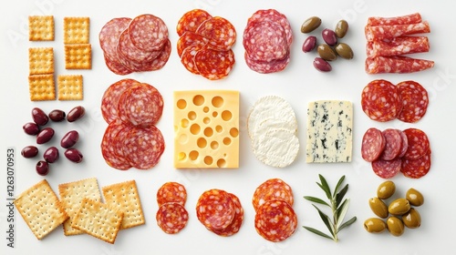 A Beautifully Arranged Charcuterie Board Featuring Sliced Salami, Cheeses, Olives, and Crackers