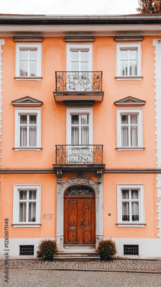 Peach-colored building, European architecture, city street, symmetrical facade, autumn Peach-colored building, European architecture, city street, symmetrical facade, autumn