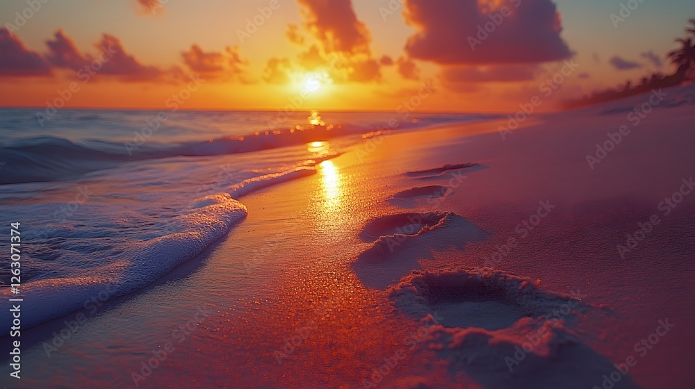 Fototapeta premium Couple enjoying a beach sunset, their footprints in the sand, warm ocean breeze surrounding them