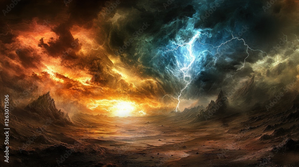 Fototapeta premium Dramatic landscape showcasing a fiery sunset contrasted by a stormy sky with lightning