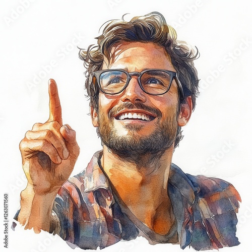 Joyful Man Pointing Upward In Watercolor Style