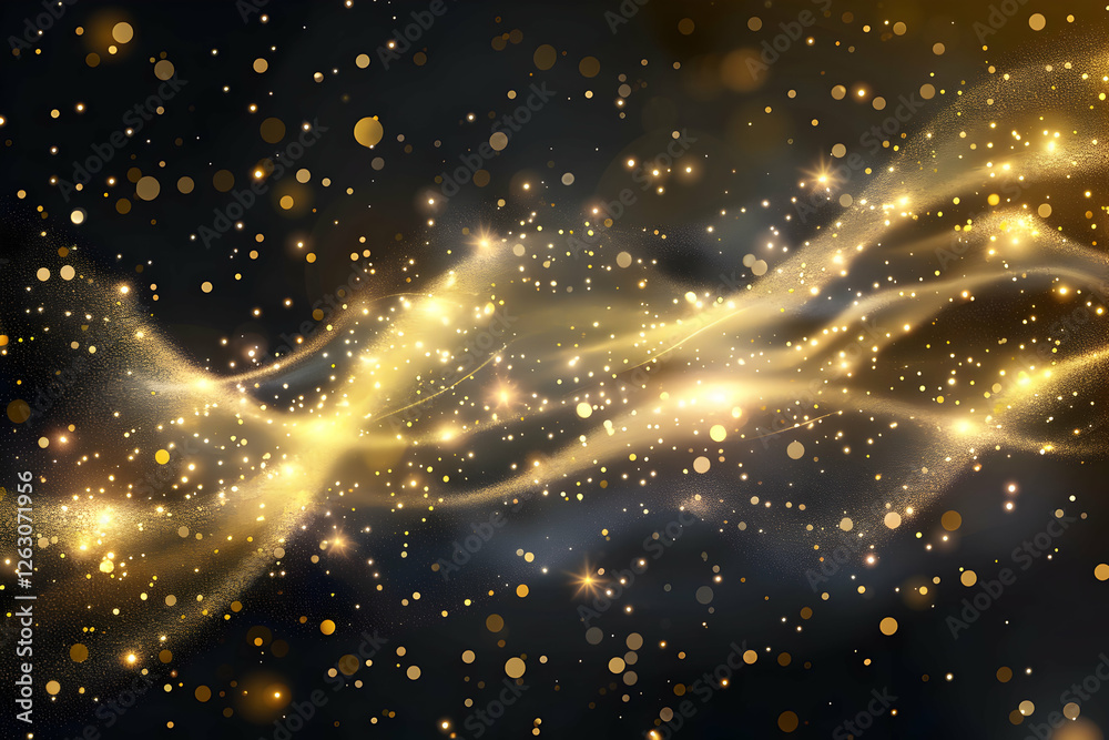 Obraz premium Abstract golden light waves with sparkling particles on a dark background, creating a magical ambiance
