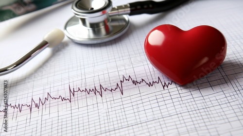 A close-up shot of a red heart figurine resting on an electrocardiogram (ECG) printout with a stethoscope nearby. The image represents heart health, cardiology, and medical diagnostics
