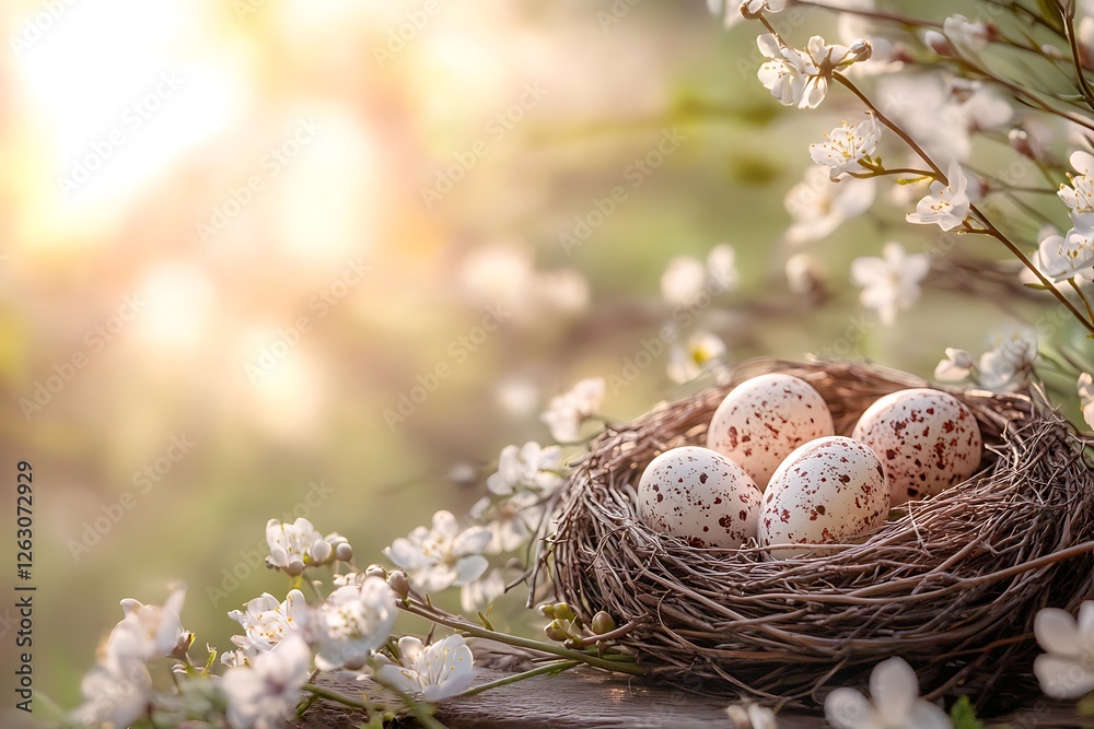 Obraz premium Easter Joy Hand-painted Easter eggs nestled in a woven basket alongside vibrant yellow daffodils symbolizing the arrival of spring and the festive spirit of the holiday